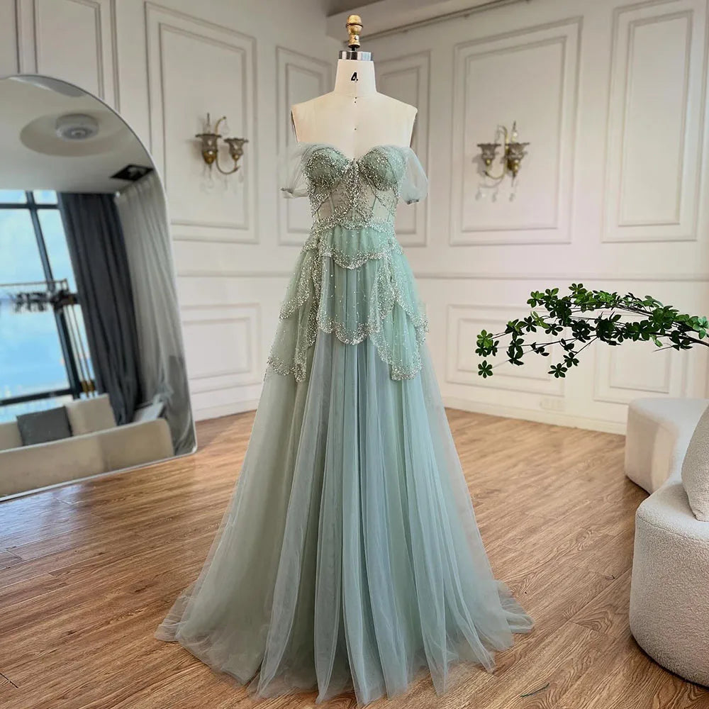 Luxury Sage Green Beaded A-Line Off-Shoulder Evening Dress CLA72605