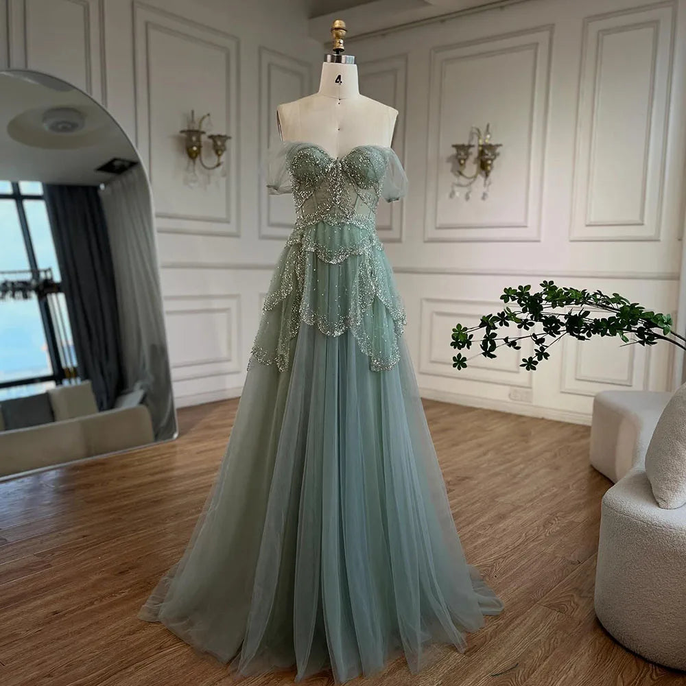 Luxury Sage Green Beaded A-Line Off-Shoulder Evening Dress CLA72605