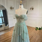 Luxury Sage Green Beaded A-Line Off-Shoulder Evening Dress CLA72605
