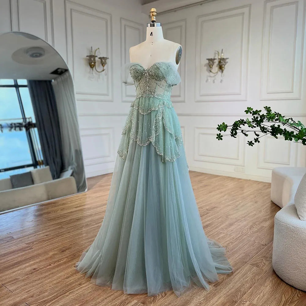 Luxury Sage Green Beaded A-Line Off-Shoulder Evening Dress CLA72605