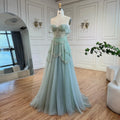 Luxury Sage Green Beaded A-Line Off-Shoulder Evening Dress CLA72605