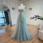 Luxury Sage Green Beaded A-Line Off-Shoulder Evening Dress CLA72605