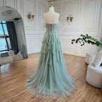 Luxury Sage Green Beaded A-Line Off-Shoulder Evening Dress CLA72605