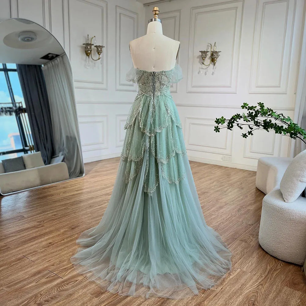 Luxury Sage Green Beaded A-Line Off-Shoulder Evening Dress CLA72605