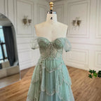 Luxury Sage Green Beaded A-Line Off-Shoulder Evening Dress CLA72605
