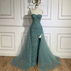 Arabic Turquoise Mermaid Beaded Slit Evening Gown For Women Wedding Party CLA72610