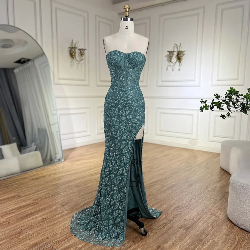 Arabic Turquoise Mermaid Beaded Slit Evening Gown For Women Wedding Party CLA72610