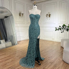 Arabic Turquoise Mermaid Beaded Slit Evening Gown For Women Wedding Party CLA72610