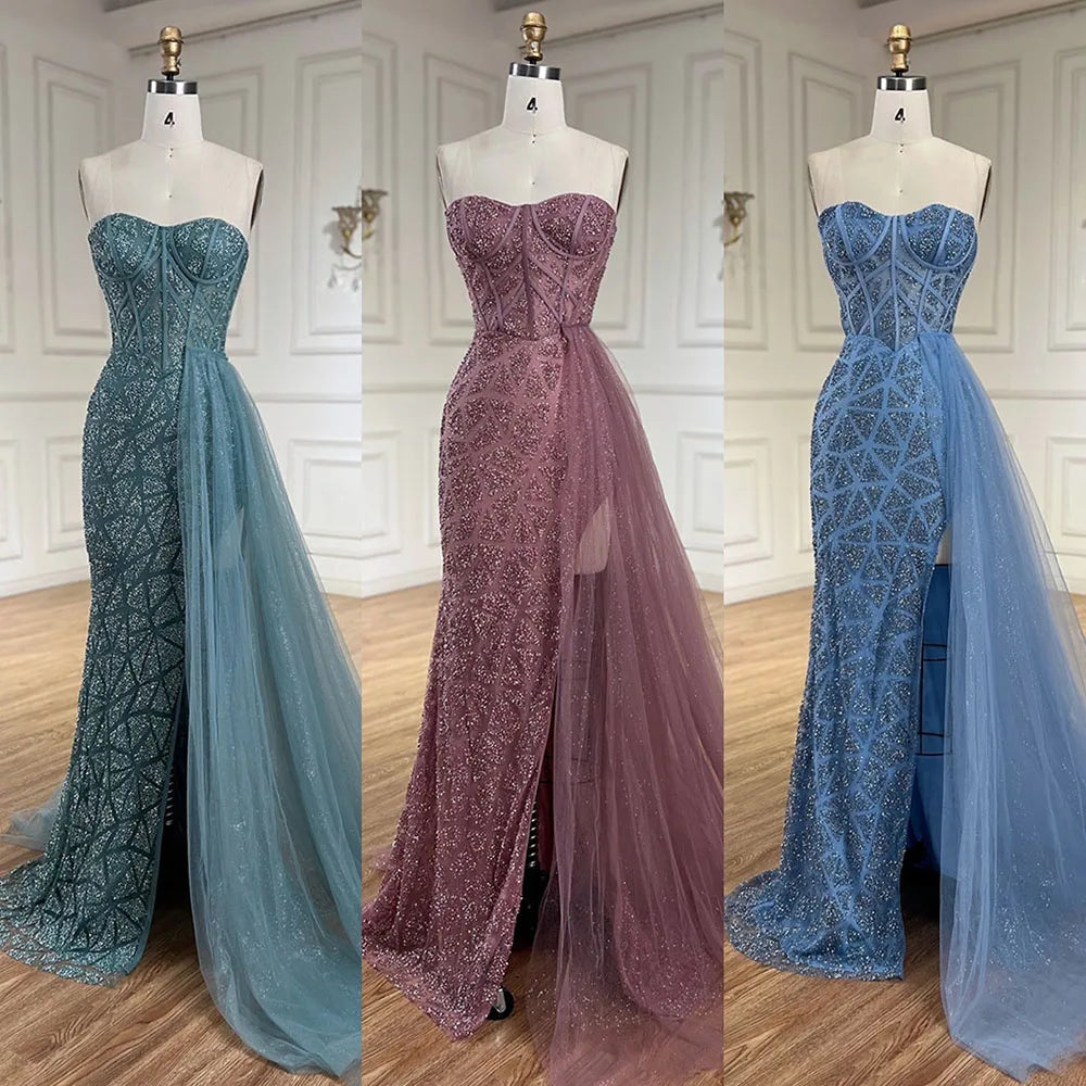 Arabic Turquoise Mermaid Beaded Slit Evening Gown For Women Wedding Party CLA72610
