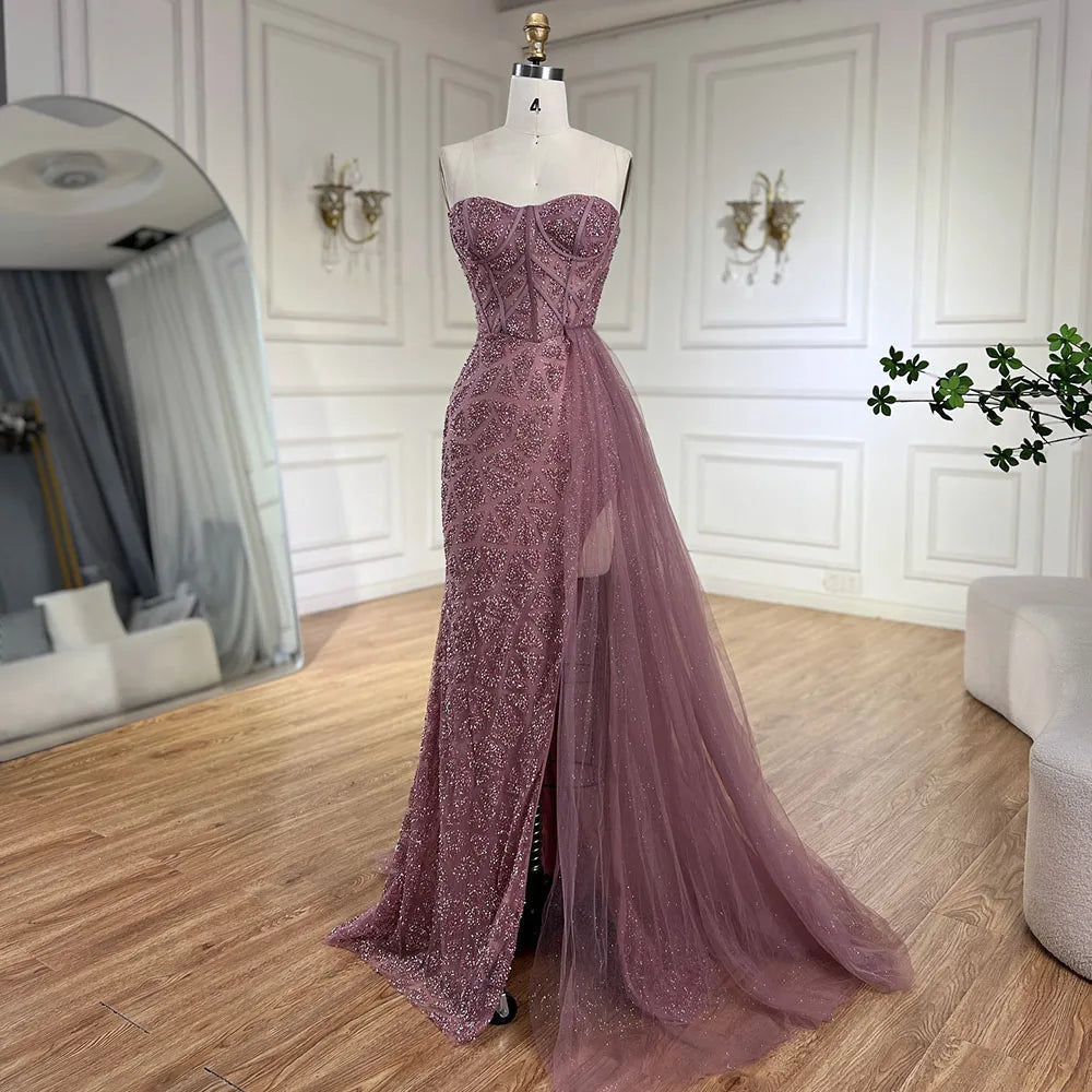Arabic Turquoise Mermaid Beaded Slit Evening Gown For Women Wedding Party CLA72610