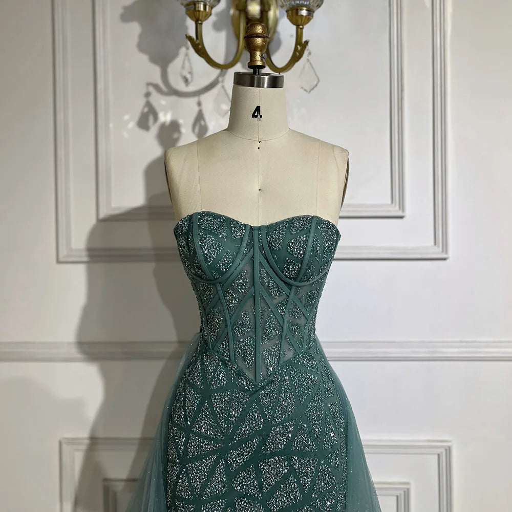 Arabic Turquoise Mermaid Beaded Slit Evening Gown For Women Wedding Party CLA72610