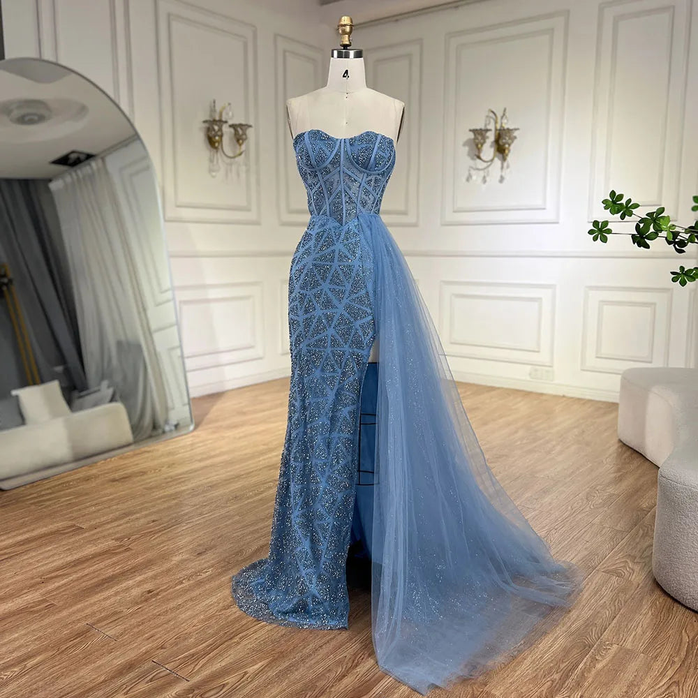 Arabic Turquoise Mermaid Beaded Slit Evening Gown For Women Wedding Party CLA72610