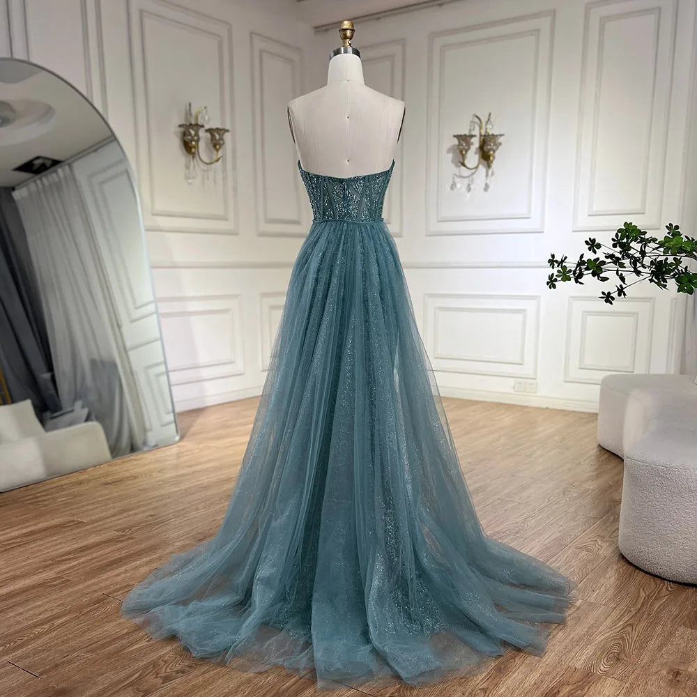 Arabic Turquoise Mermaid Beaded Slit Evening Gown For Women Wedding Party CLA72610
