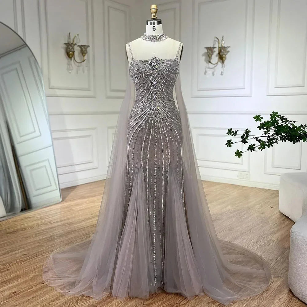 Arabic Luxury Beaded Spaghetti Straps Mermaid Evening Dress With Chocker Cape CLA72440