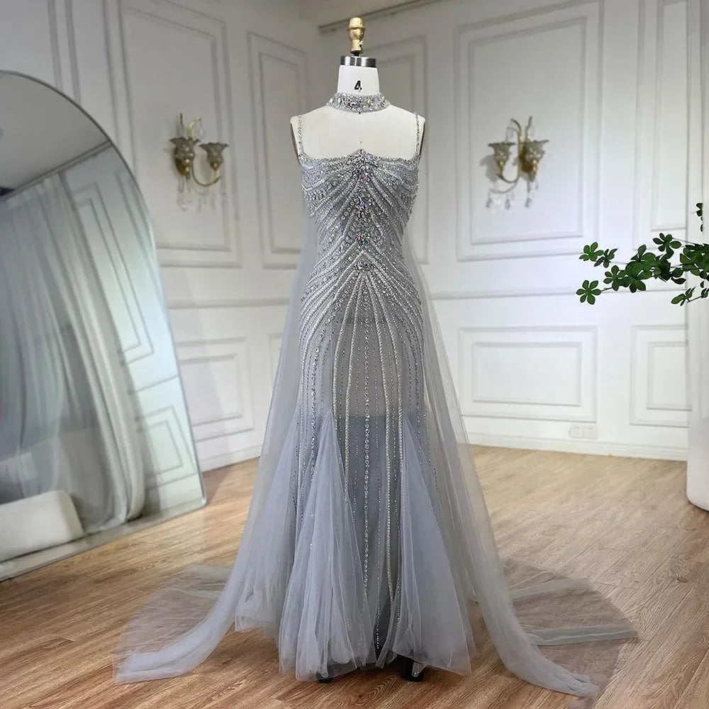 Arabic Luxury Beaded Spaghetti Straps Mermaid Evening Dress With Chocker Cape CLA72440