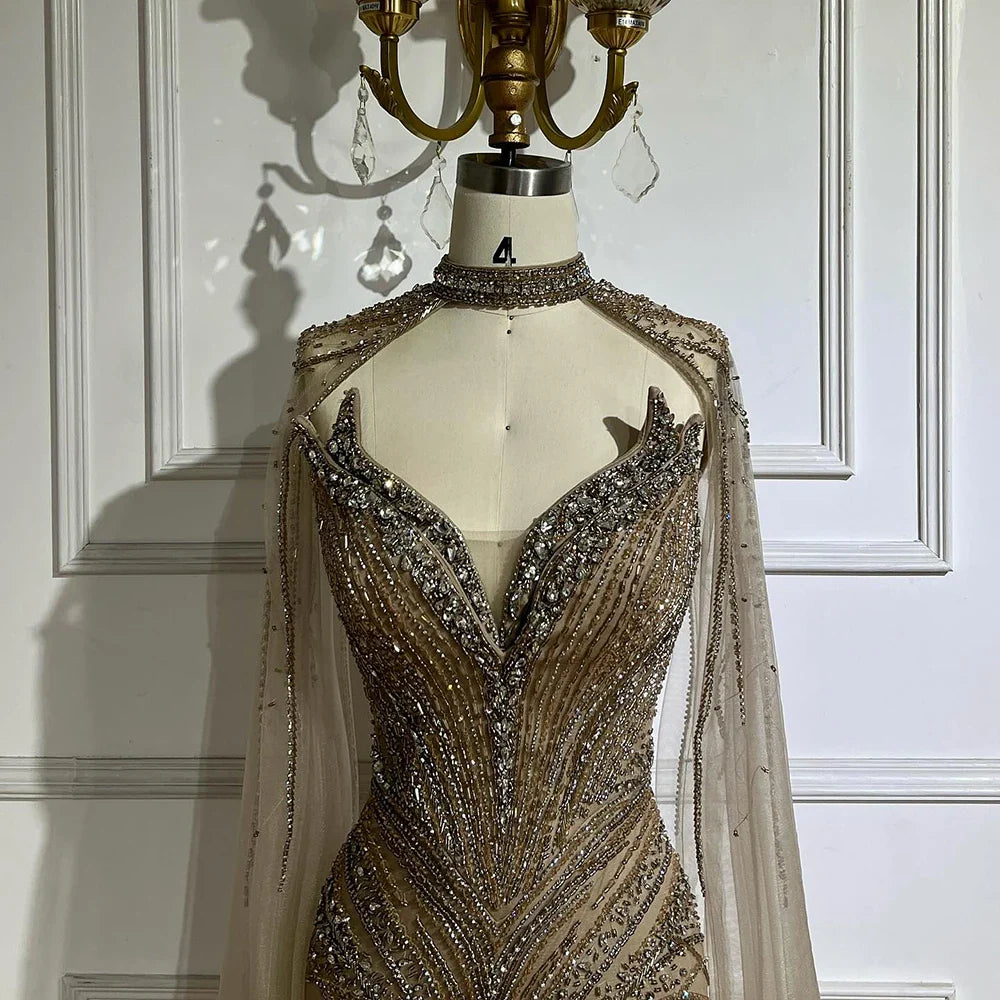 Luxury Beaded Feathers Evening Dress Mermaid With Cape Gown For Formal Occasion CLA72882