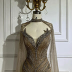 Luxury Beaded Feathers Evening Dress Mermaid With Cape Gown For Formal Occasion CLA72882