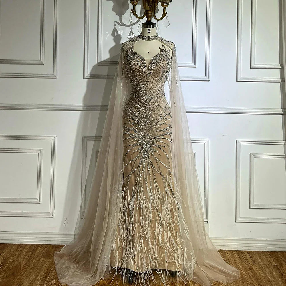 Luxury Beaded Feathers Evening Dress Mermaid With Cape Gown For Formal Occasion CLA72882