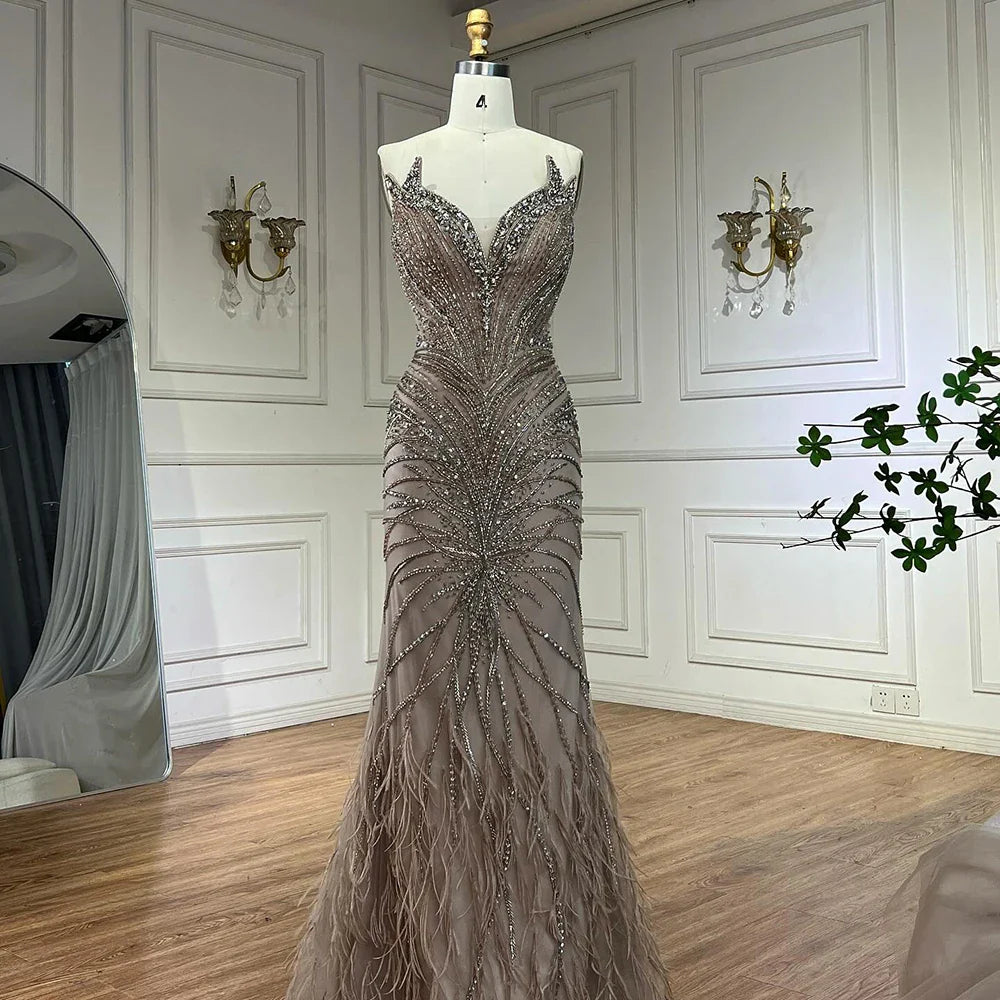 Luxury Beaded Feathers Evening Dress Mermaid With Cape Gown For Formal Occasion CLA72882