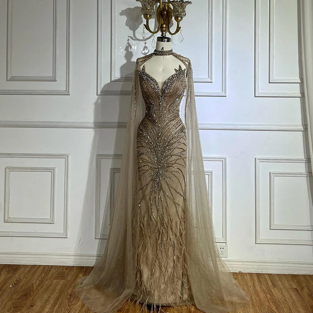 Luxury Beaded Feathers Evening Dress Mermaid With Cape Gown For Formal Occasion CLA72882