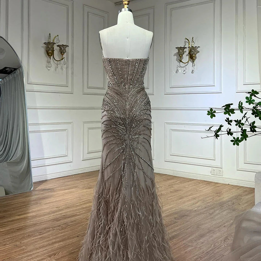Luxury Beaded Feathers Evening Dress Mermaid With Cape Gown For Formal Occasion CLA72882