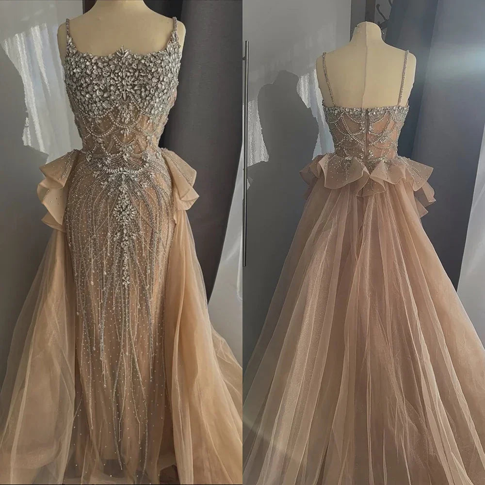 Luxury Dubai Nude Beaded Spaghetti Strap Evening Dress Mermaid With Overskirt CLA72810