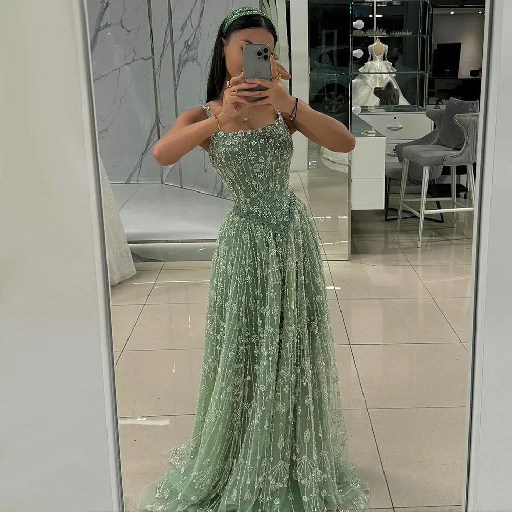 Luxury Sage Green Beaded A-Line Spaghetti Straps Evening Dress CLA72805