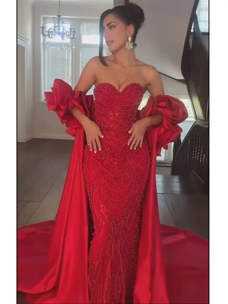 Arabic Luxury Pearls Strapless Mermaid With Cape Evening Dress CLA72585A