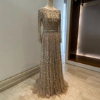 Arabic Modest Hijab Luxury Nude A-Line Beaded Evening Dress CLA72088