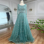 Arabic Modest Hijab Luxury Nude A-Line Beaded Evening Dress CLA72088