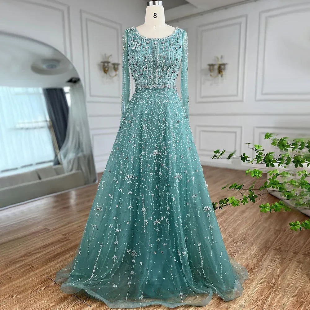 Arabic Modest Hijab Luxury Nude A-Line Beaded Evening Dress CLA72088