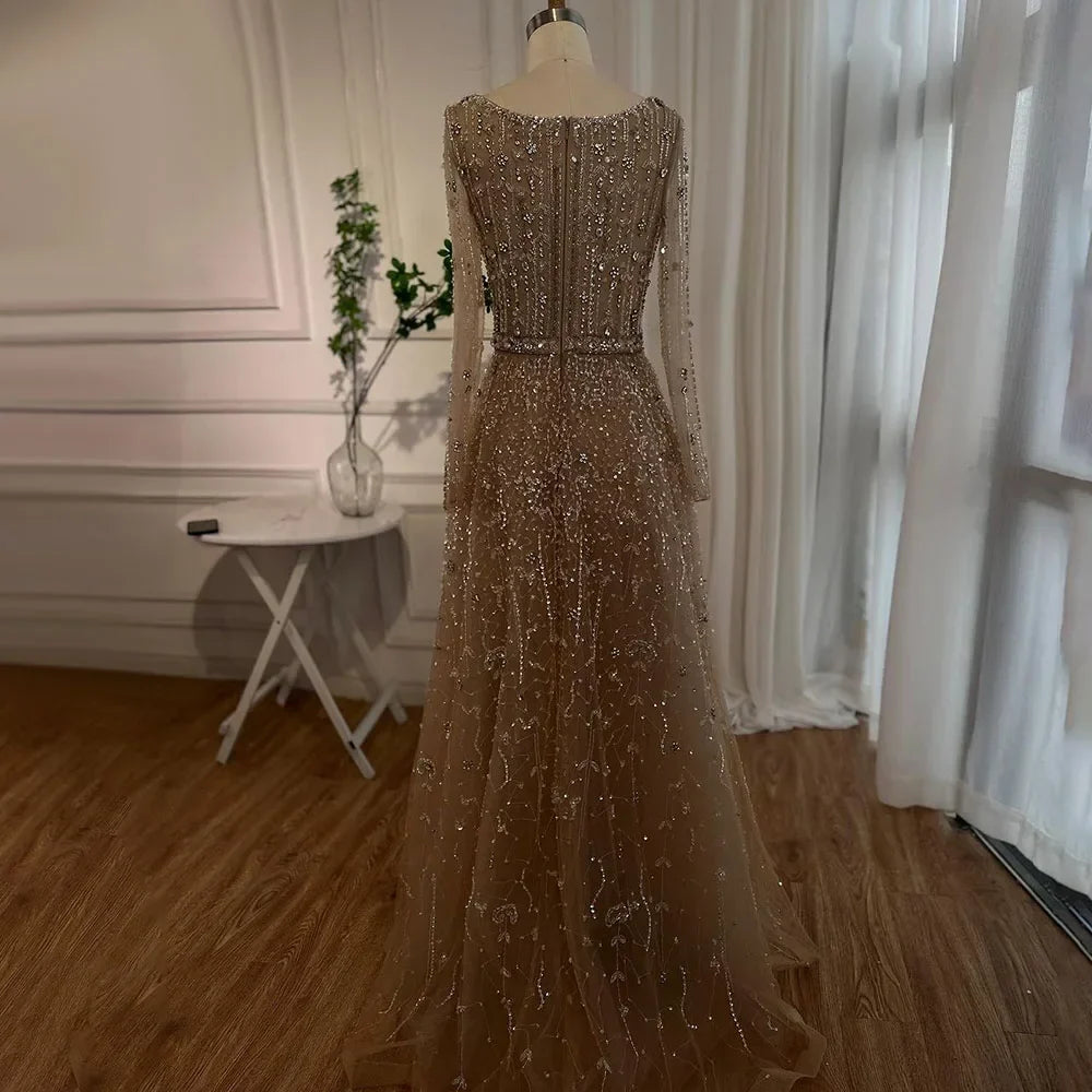 Arabic Modest Hijab Luxury Nude A-Line Beaded Evening Dress CLA72088
