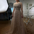 Arabic Modest Hijab Luxury Nude A-Line Beaded Evening Dress CLA72088