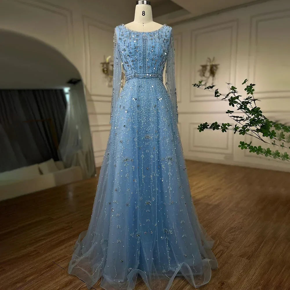 Arabic Modest Hijab Luxury Nude A-Line Beaded Evening Dress CLA72088