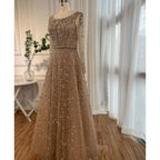 Arabic Modest Hijab Luxury Nude A-Line Beaded Evening Dress CLA72088
