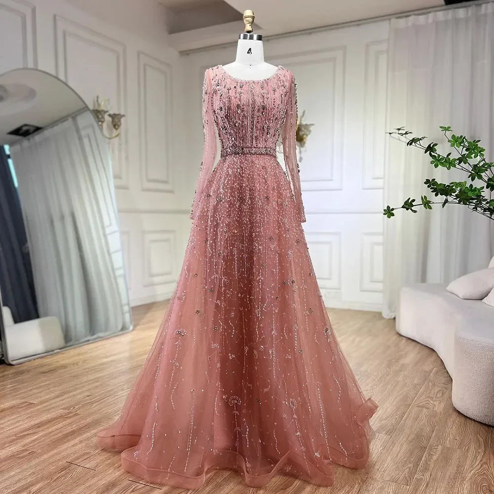 Arabic Modest Hijab Luxury Nude A-Line Beaded Evening Dress CLA72088