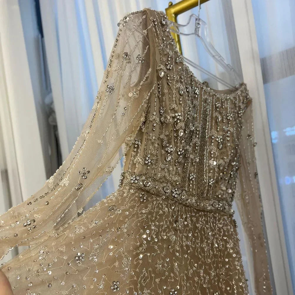 Arabic Modest Hijab Luxury Nude A-Line Beaded Evening Dress CLA72088