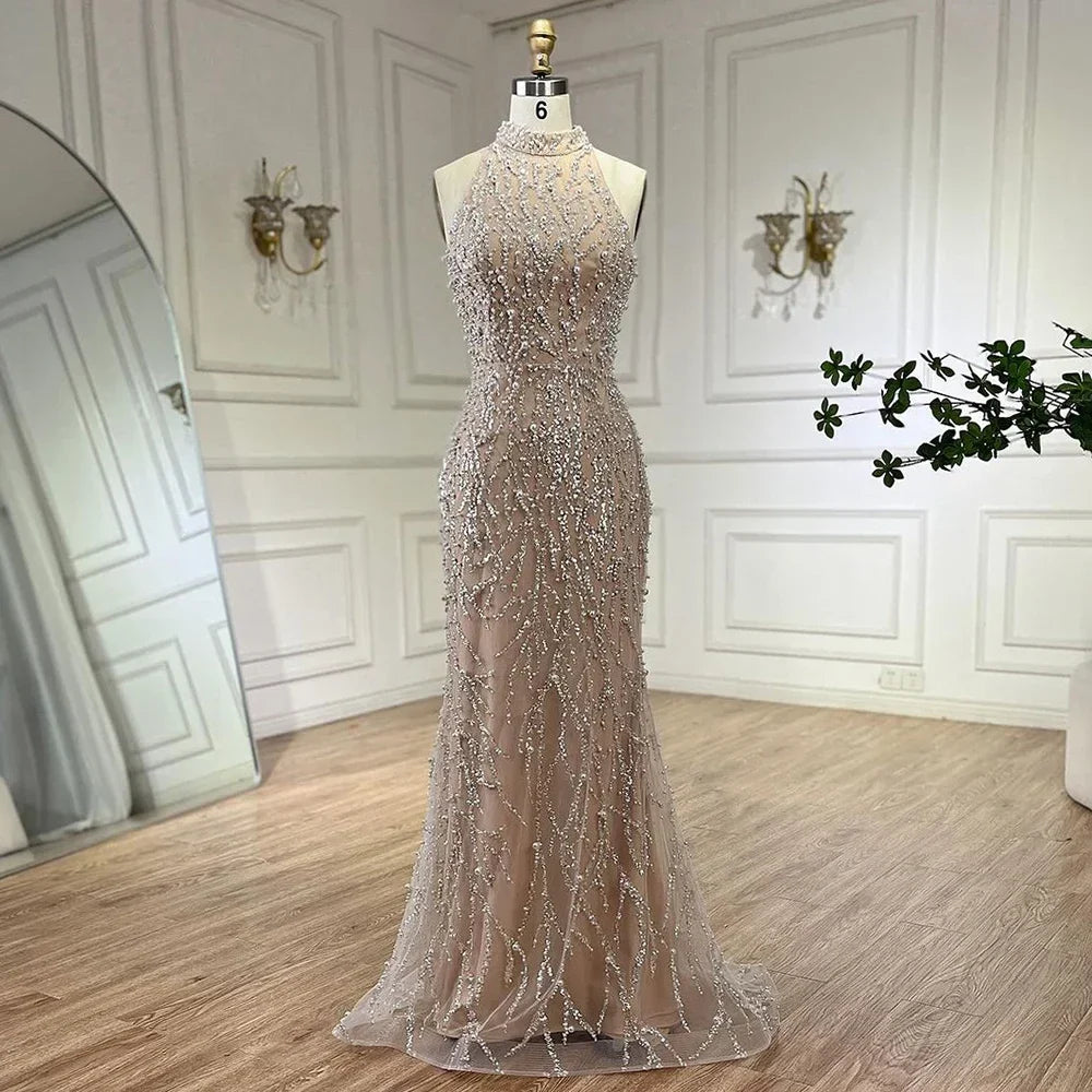 Arabic Simple Style Beaded Pearls Halter Mermaid Evening Dress With Gloves CLA72345