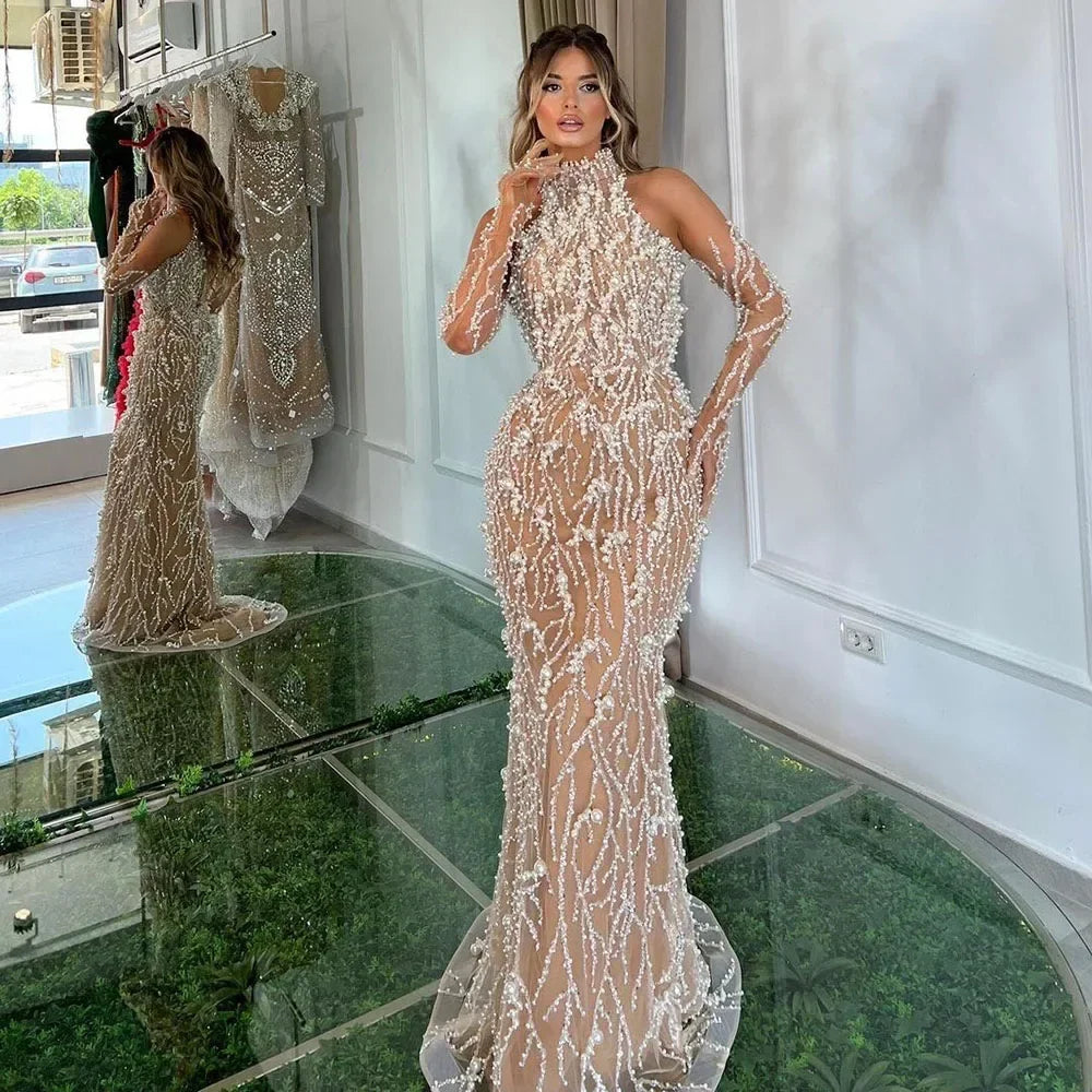 Arabic Simple Style Beaded Pearls Halter Mermaid Evening Dress With Gloves CLA72345