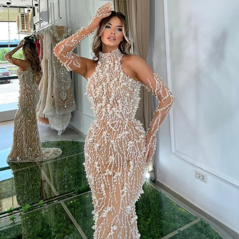 Arabic Simple Style Beaded Pearls Halter Mermaid Evening Dress With Gloves CLA72345