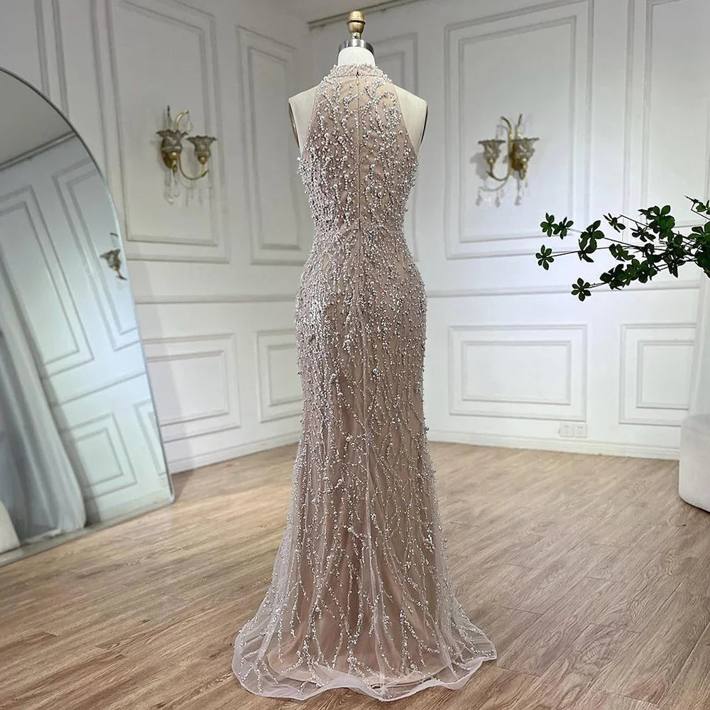 Arabic Simple Style Beaded Pearls Halter Mermaid Evening Dress With Gloves CLA72345
