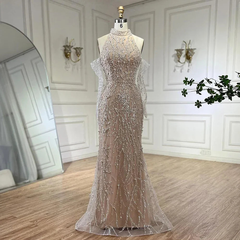 Arabic Simple Style Beaded Pearls Halter Mermaid Evening Dress With Gloves CLA72345