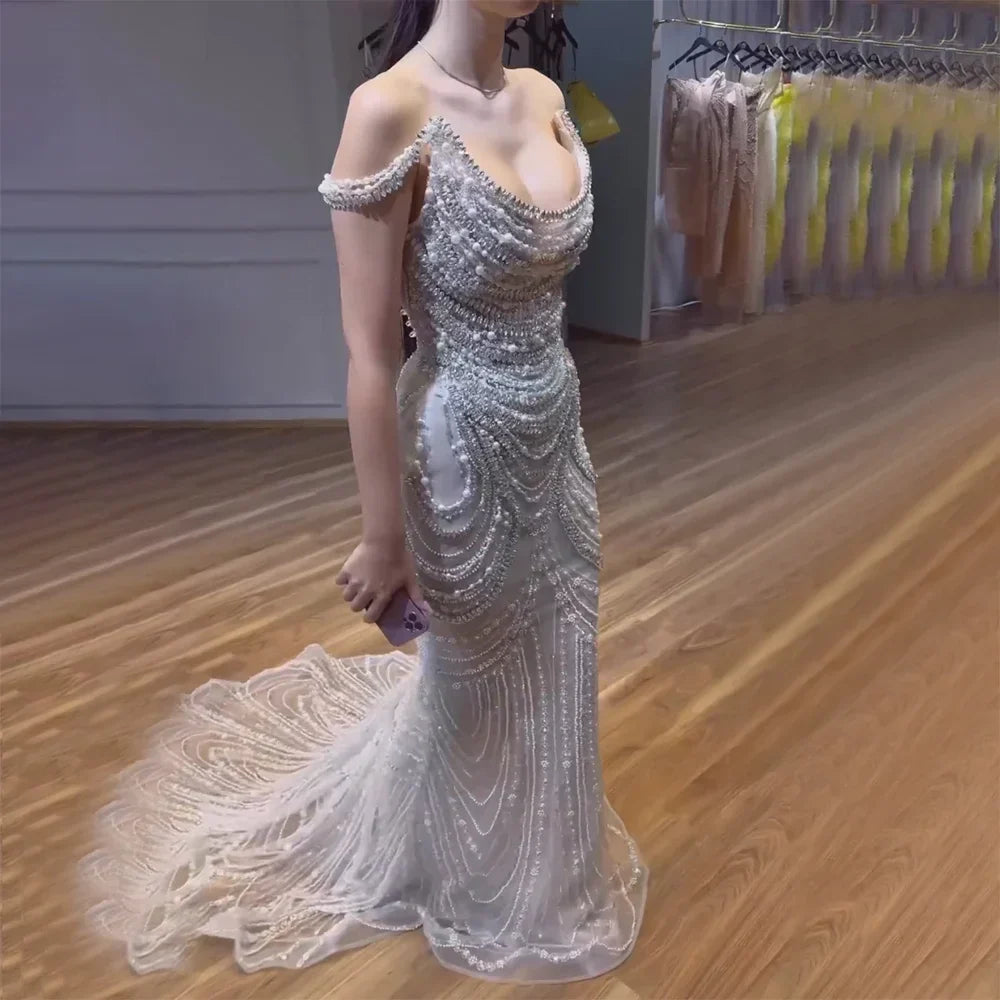 Kosovo Luxury Pearls Beaded Mermaid Off Shoulder Elegant Evening Dress CLA72253