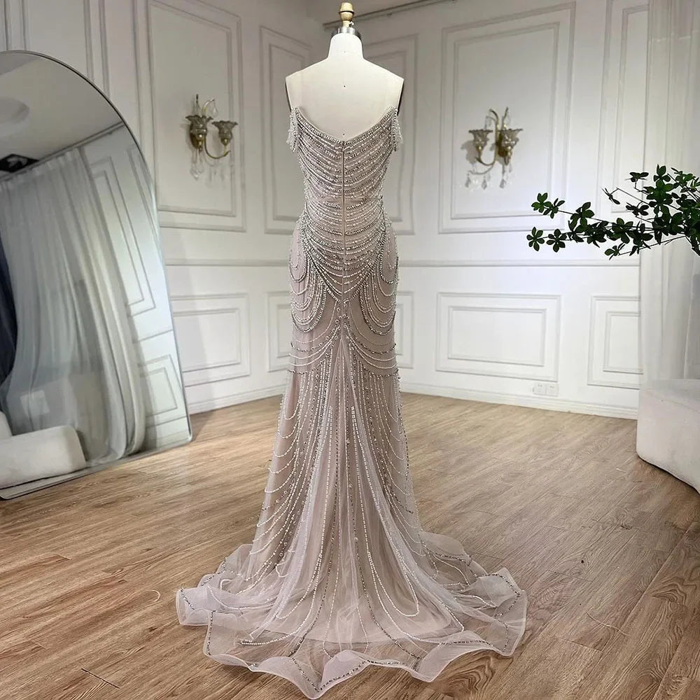 Kosovo Luxury Pearls Beaded Mermaid Off Shoulder Elegant Evening Dress CLA72253