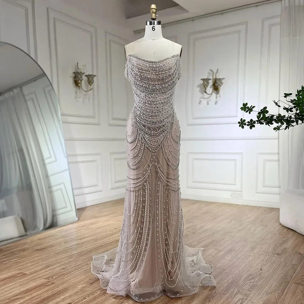 Kosovo Luxury Pearls Beaded Mermaid Off Shoulder Elegant Evening Dress CLA72253