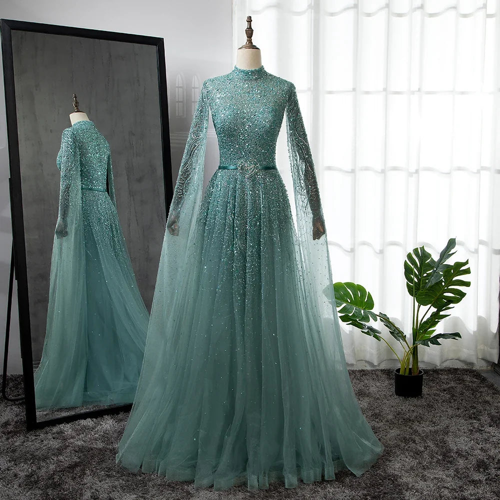 Arabic Luxury Full Beaded Modest High Neck Cape Sleeves A-Line Evening Dress CLA70066B