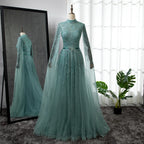 Arabic Luxury Full Beaded Modest High Neck Cape Sleeves A-Line Evening Dress CLA70066B