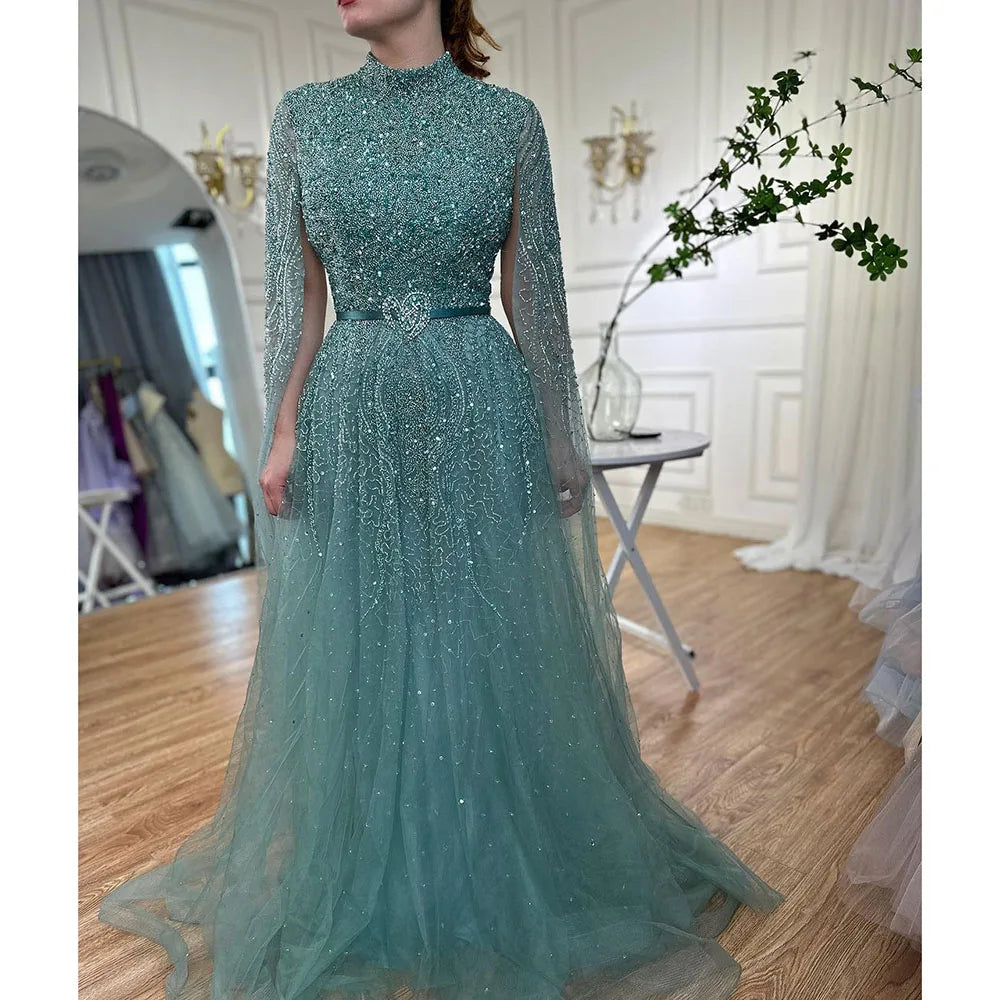Arabic Luxury Full Beaded Modest High Neck Cape Sleeves A-Line Evening Dress CLA70066B