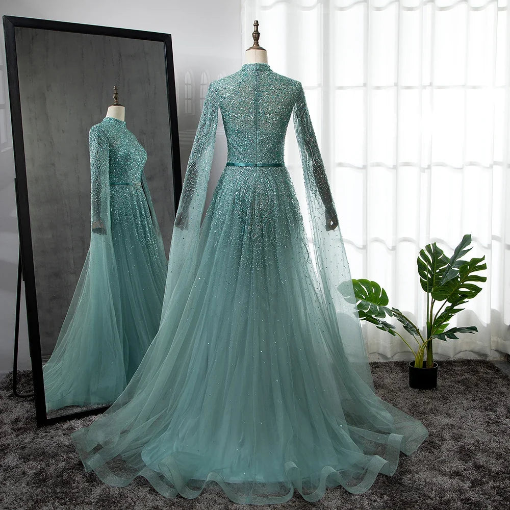 Arabic Luxury Full Beaded Modest High Neck Cape Sleeves A-Line Evening Dress CLA70066B
