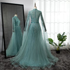 Arabic Luxury Full Beaded Modest High Neck Cape Sleeves A-Line Evening Dress CLA70066B